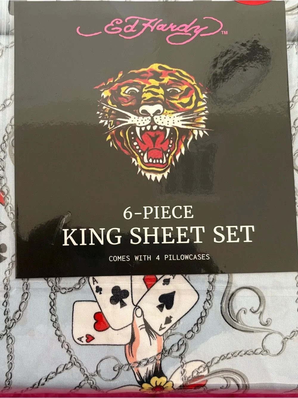 Ed Hardy King Sheet Set in Light blue with Multicolor playing cards Motif